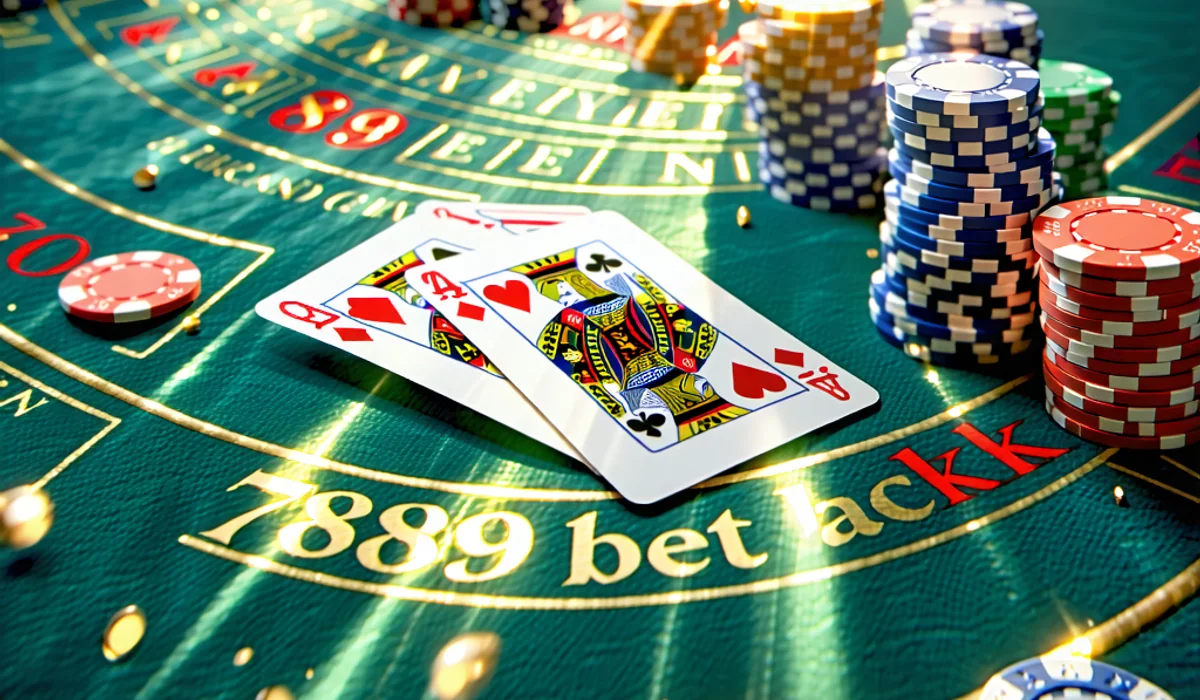 Logo 789bet nổi bật trên nền bàn chơi Blackjack sang trọng, quảng bá trải nghiệm casino trực tuyến