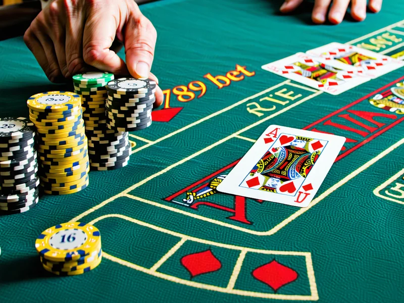 Hình ảnh bàn Baccarat trực tiếp tại 789bet với các quân bài và chip cược