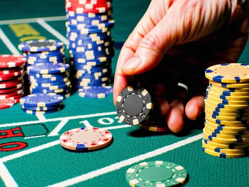 Người chơi Blackjack đang quản lý chip cược trên bàn, thể hiện việc quản lý vốn hiệu quả