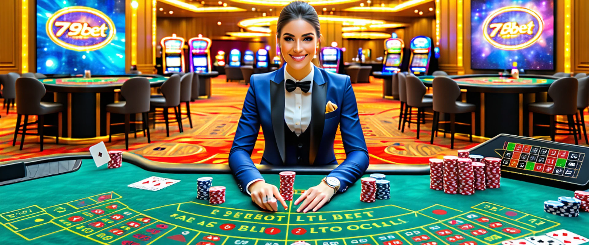 Hình ảnh chính sòng bạc trực tuyến 789bet với người chia bài và các trò chơi hấp dẫn