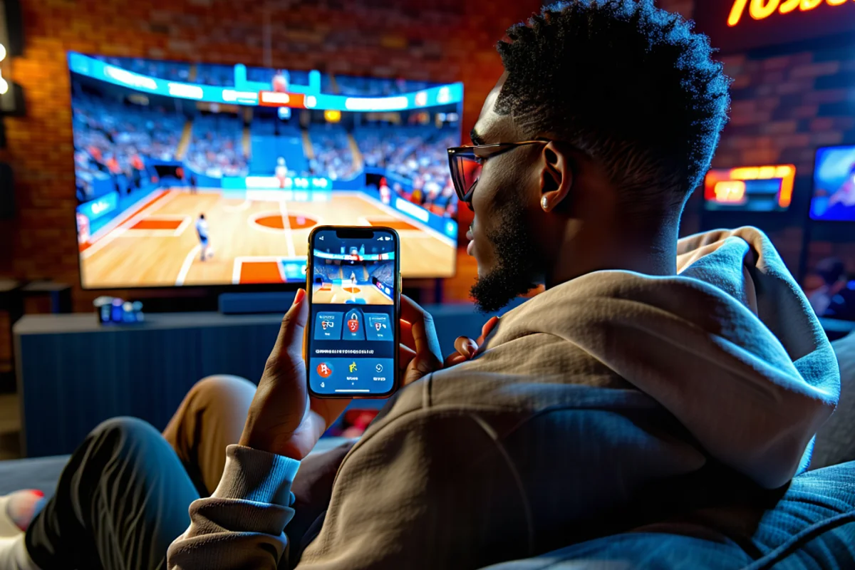 Người hâm mộ xem trận bóng rổ trực tiếp trên điện thoại, đồng thời đặt cược trực tuyến trên nền tảng 789bet, thể hiện tính năng cá cược trực tiếp