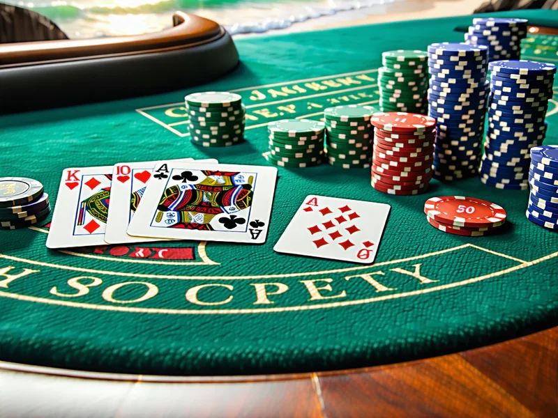 Bàn chơi Caribbean Stud Poker tại 789bet với hình ảnh đảo nhiệt đới và chip vàng