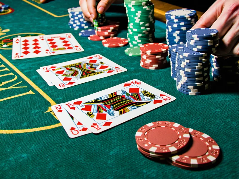 Hình ảnh bàn Poker với các lá bài, chip cược và người chơi tập trung