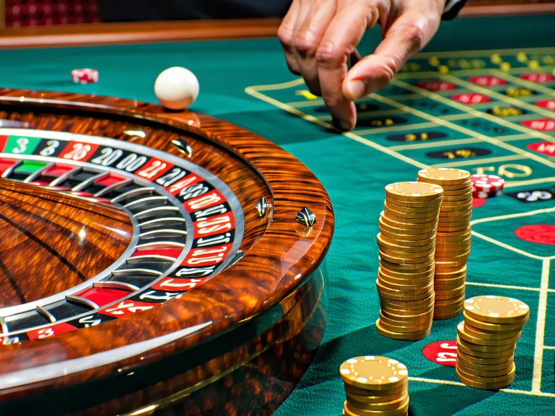 Hình ảnh bàn Roulette với bánh xe quay và quả bóng nhỏ, chip cược