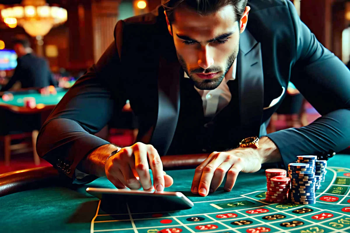 Người chơi phân tích bàn Roulette và chip cược, thể hiện sự tư duy chiến lược