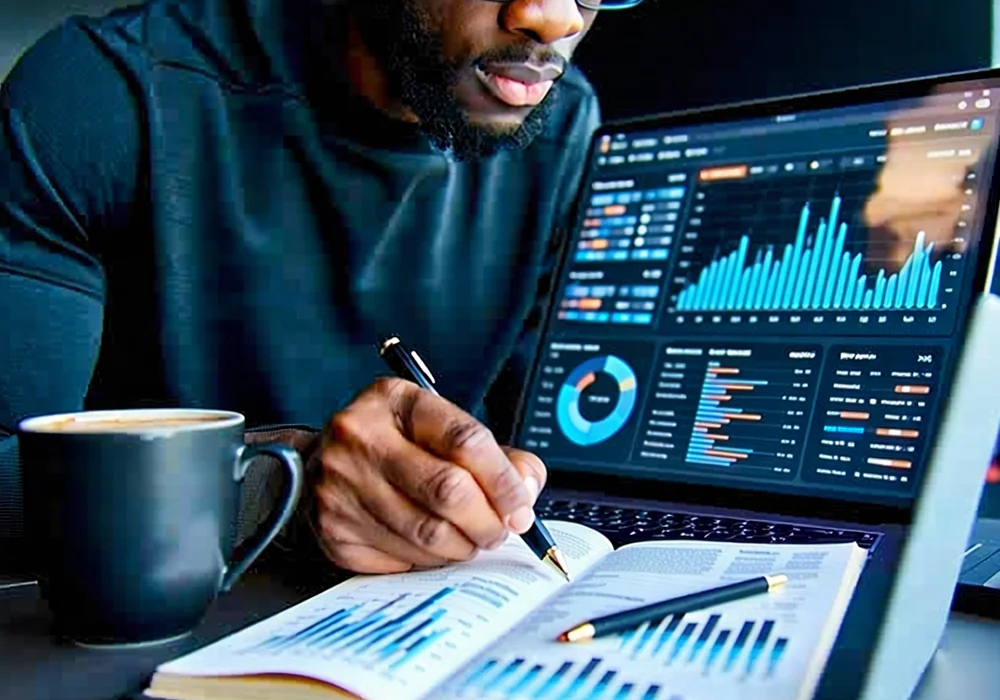 Người chơi đang phân tích chiến lược trên máy tính bảng với các ghi chú và biểu đồ