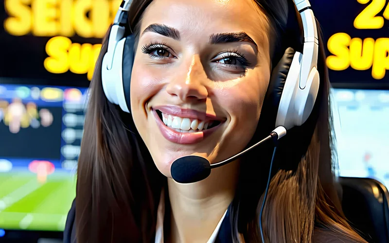 Hình ảnh nhân viên hỗ trợ khách hàng thân thiện của 789bet với tai nghe, sẵn sàng giải đáp thắc mắc, tông màu đen vàng