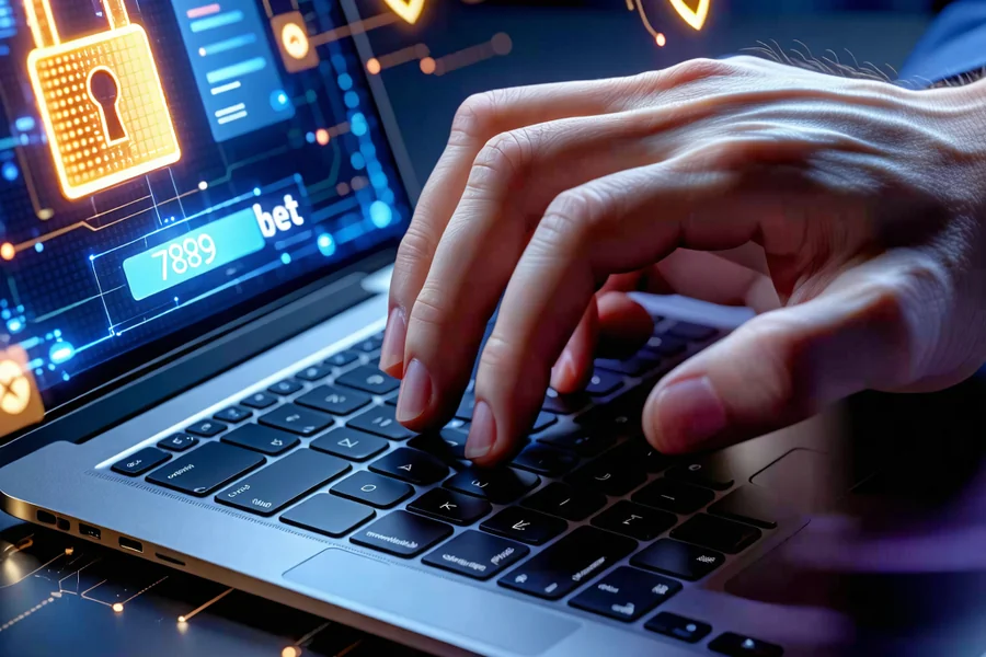 Hình ảnh người dùng đang thực hiện các biện pháp bảo mật trên máy tính, như tạo mật khẩu mạnh và sử dụng 2FA, minh họa trách nhiệm của người dùng tại 789bet